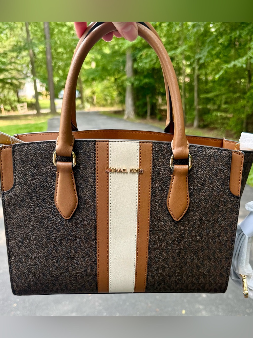 Michael Kors Brown Monogram Tote with Cream and Tan Stripes